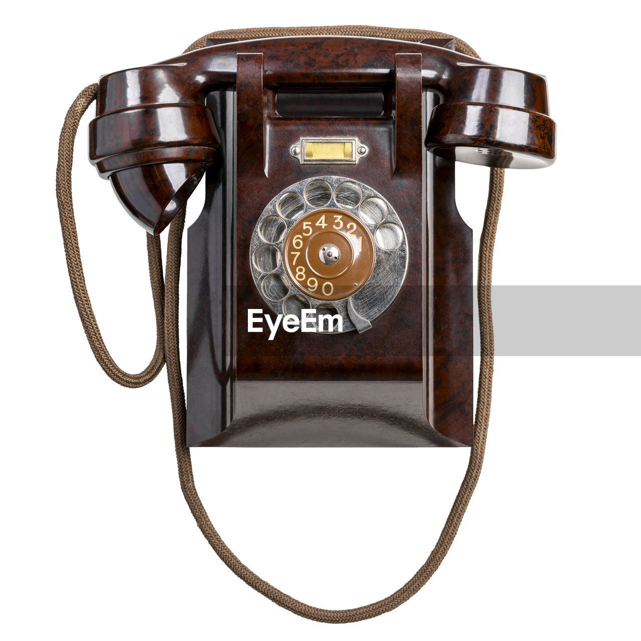 corded phone, telephone, technology, retro styled, white background, communication, single object, cut out, brown, nostalgia, rotary phone, landline phone, telephone receiver, history, indoors, the past, old, no people, studio shot, number