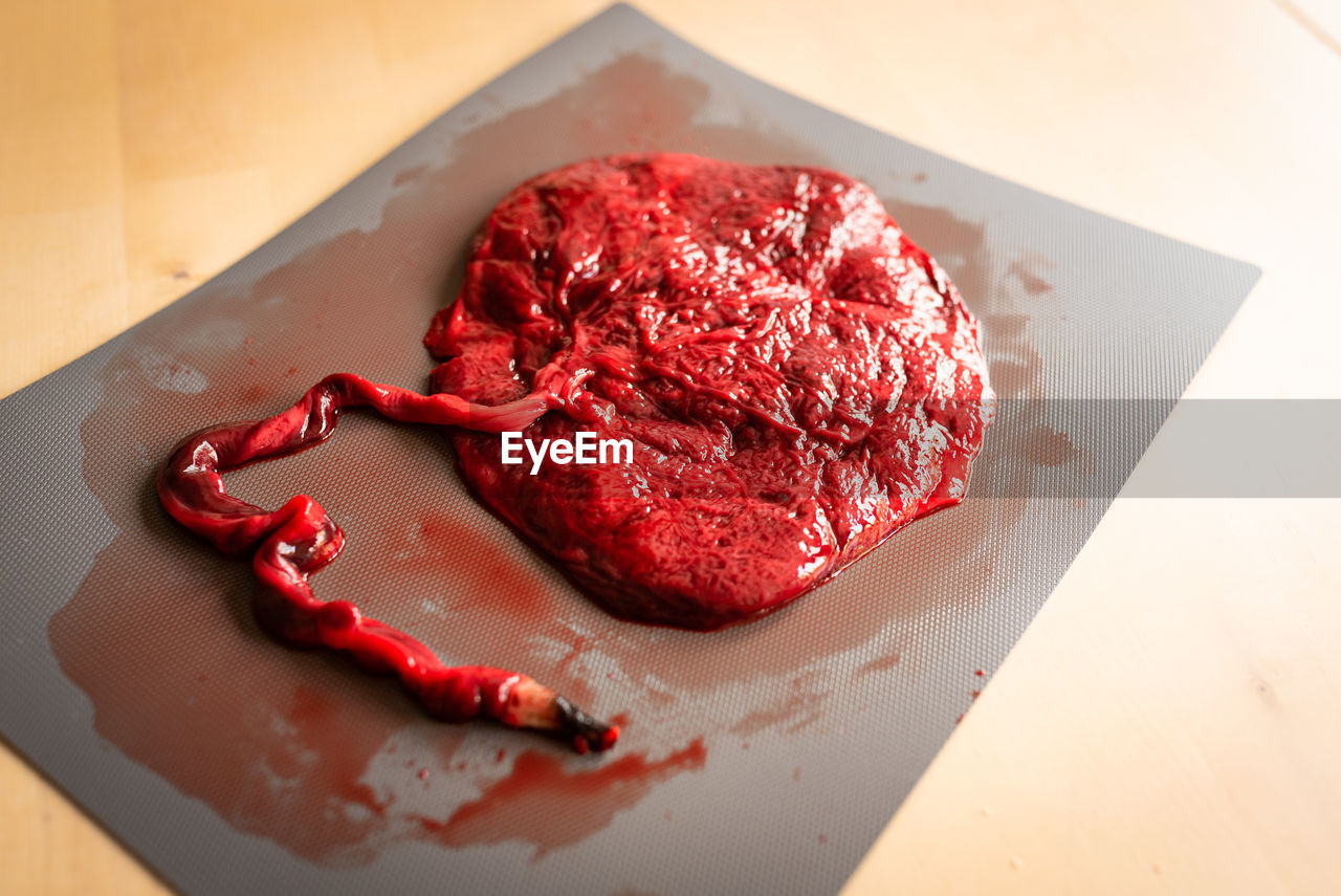 red, food and drink, food, freshness, indoors, strawberry, produce, dessert, no people, table, blood, close-up, sweetness, red meat, meat, still life, high angle view, plate