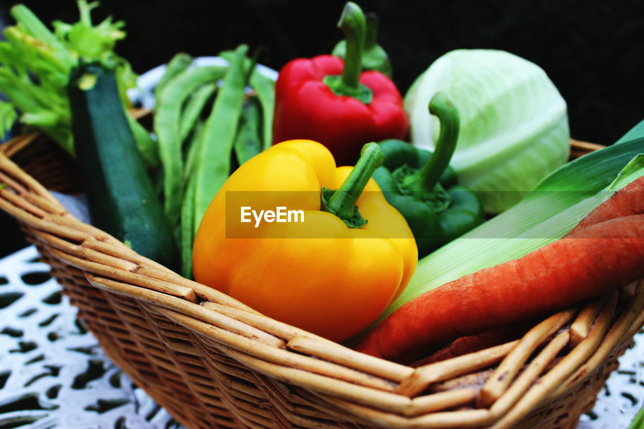 Close-up of vegetables in basket against black background