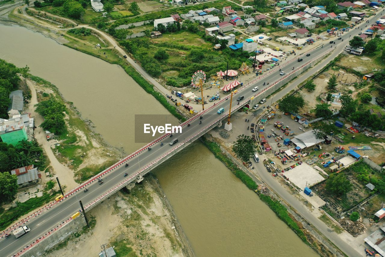 High angle view of road amidst cityscape