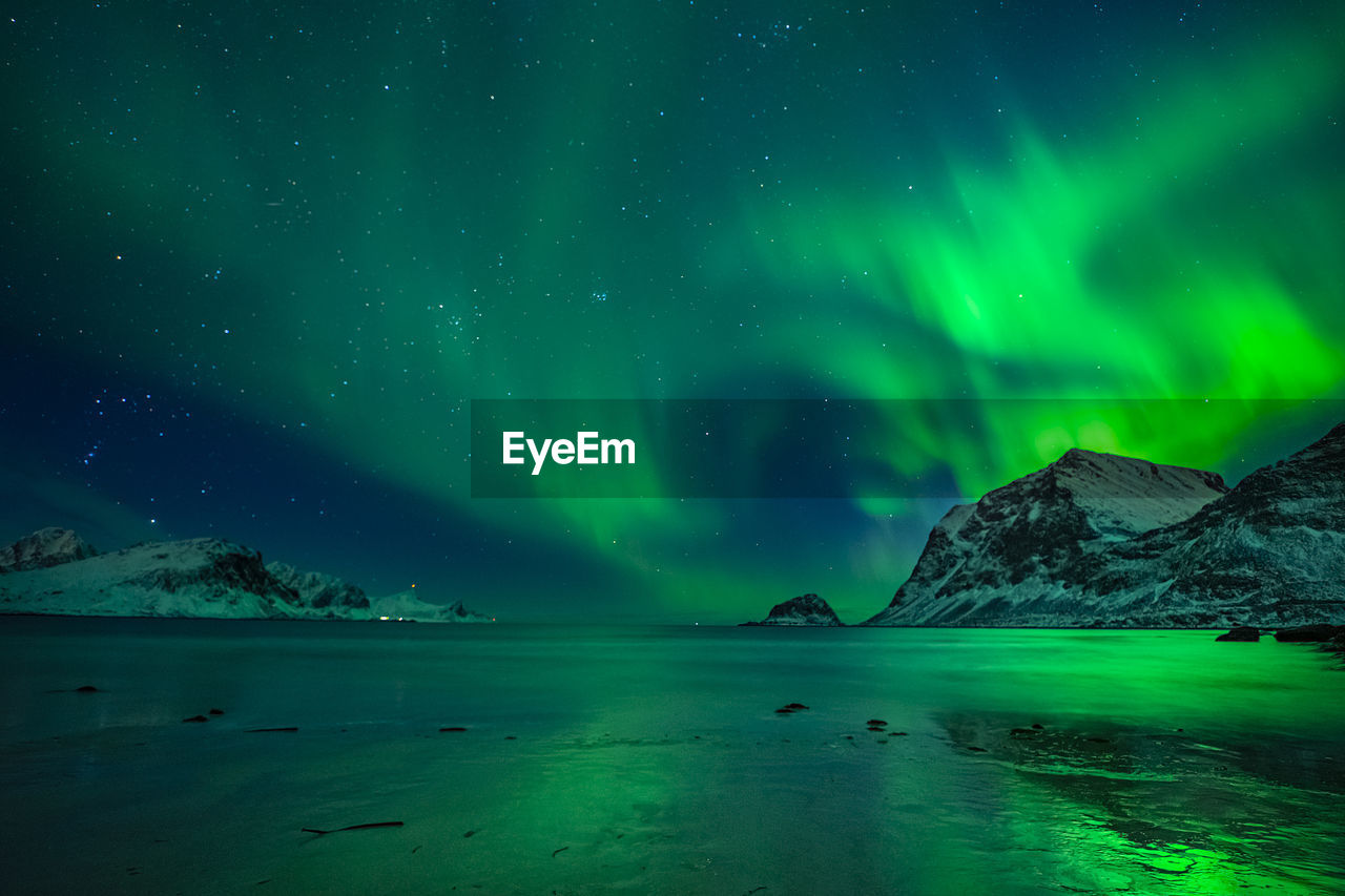 SCENIC VIEW OF SEA AGAINST MOUNTAIN AT NIGHT