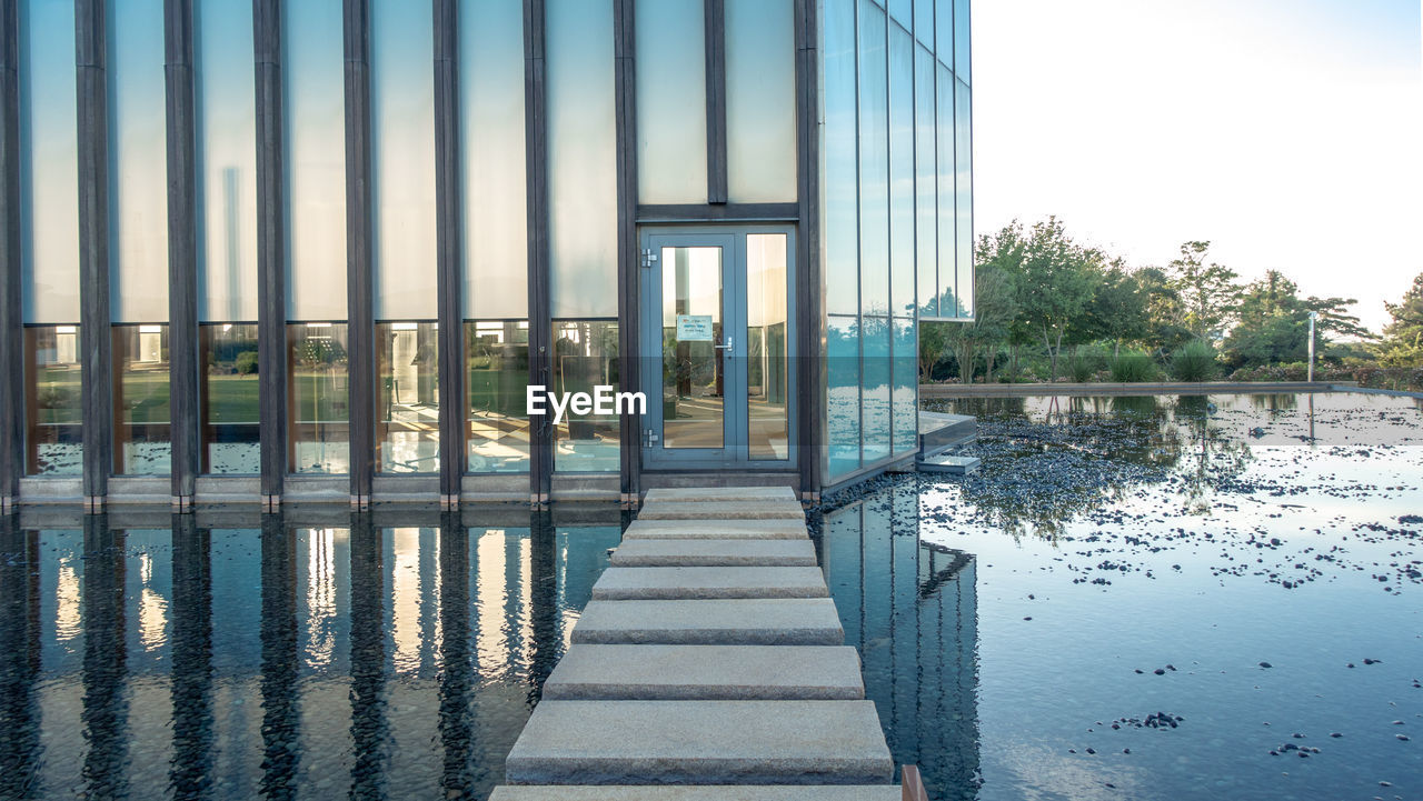 REFLECTION OF BUILDING ON GLASS