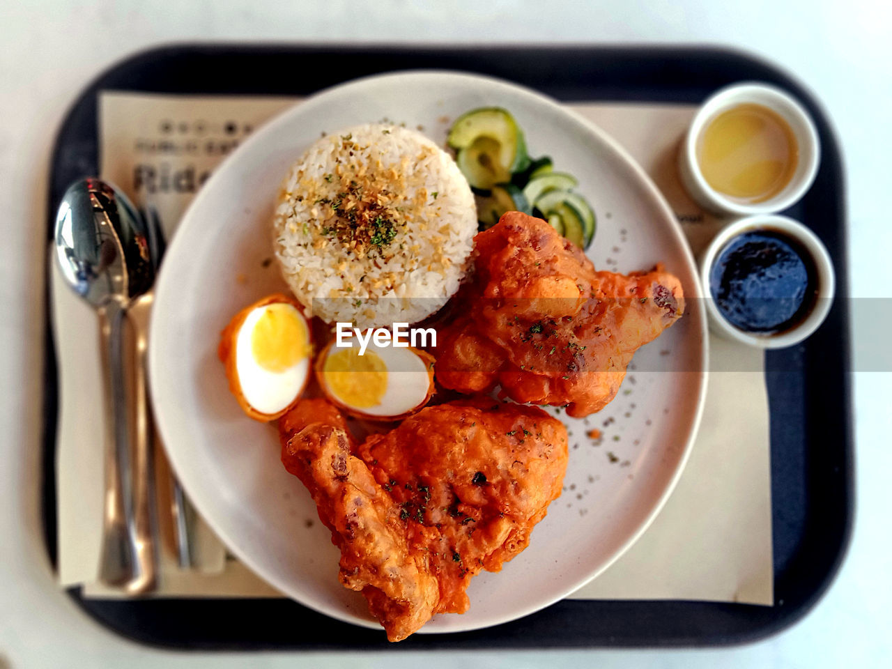 Top shot of fried chicken dish on tray