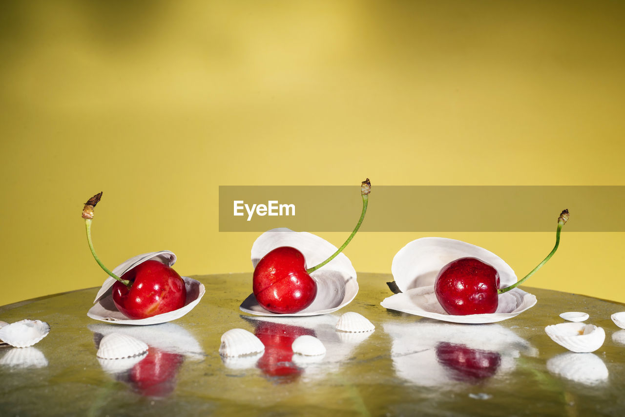 food and drink, cherry, food, fruit, healthy eating, red, freshness, no people, indoors, studio shot, sweet food, wellbeing, colored background, sweet, still life, flower, produce, dessert, plant, painting, still life photography, berry