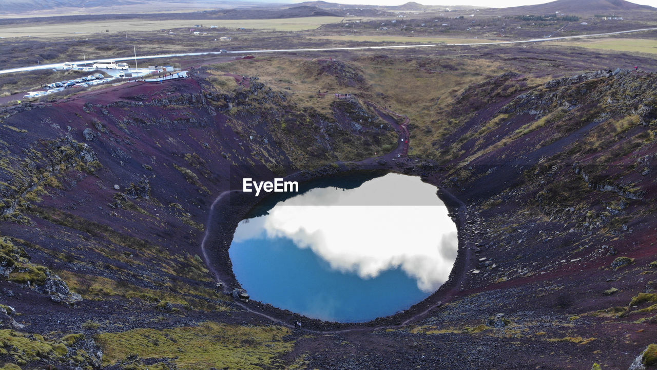 Aerial view of kerid, is a beautiful crater lake of a turquoise color located in iceland