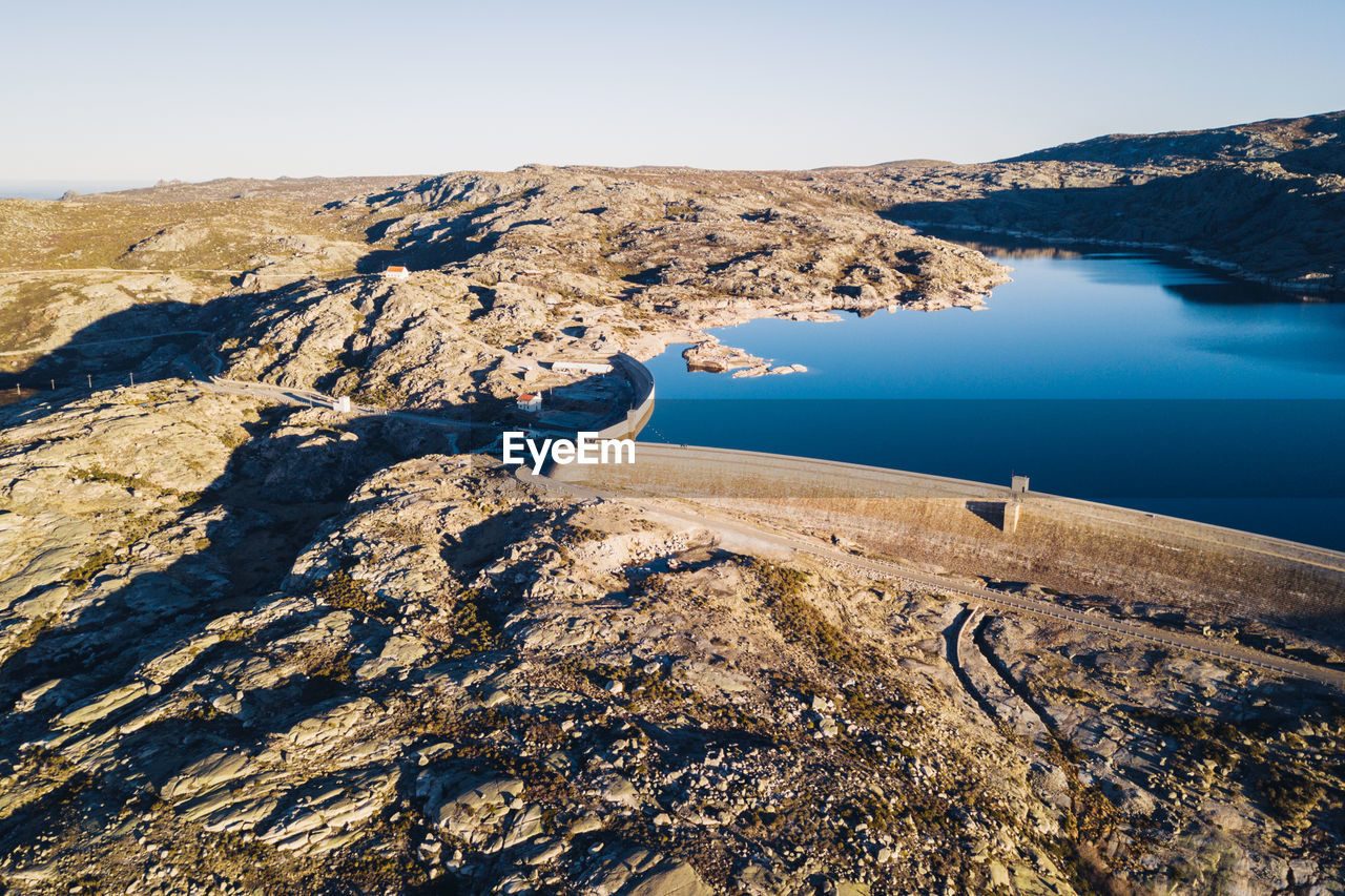 High angle view of lake against clear sky