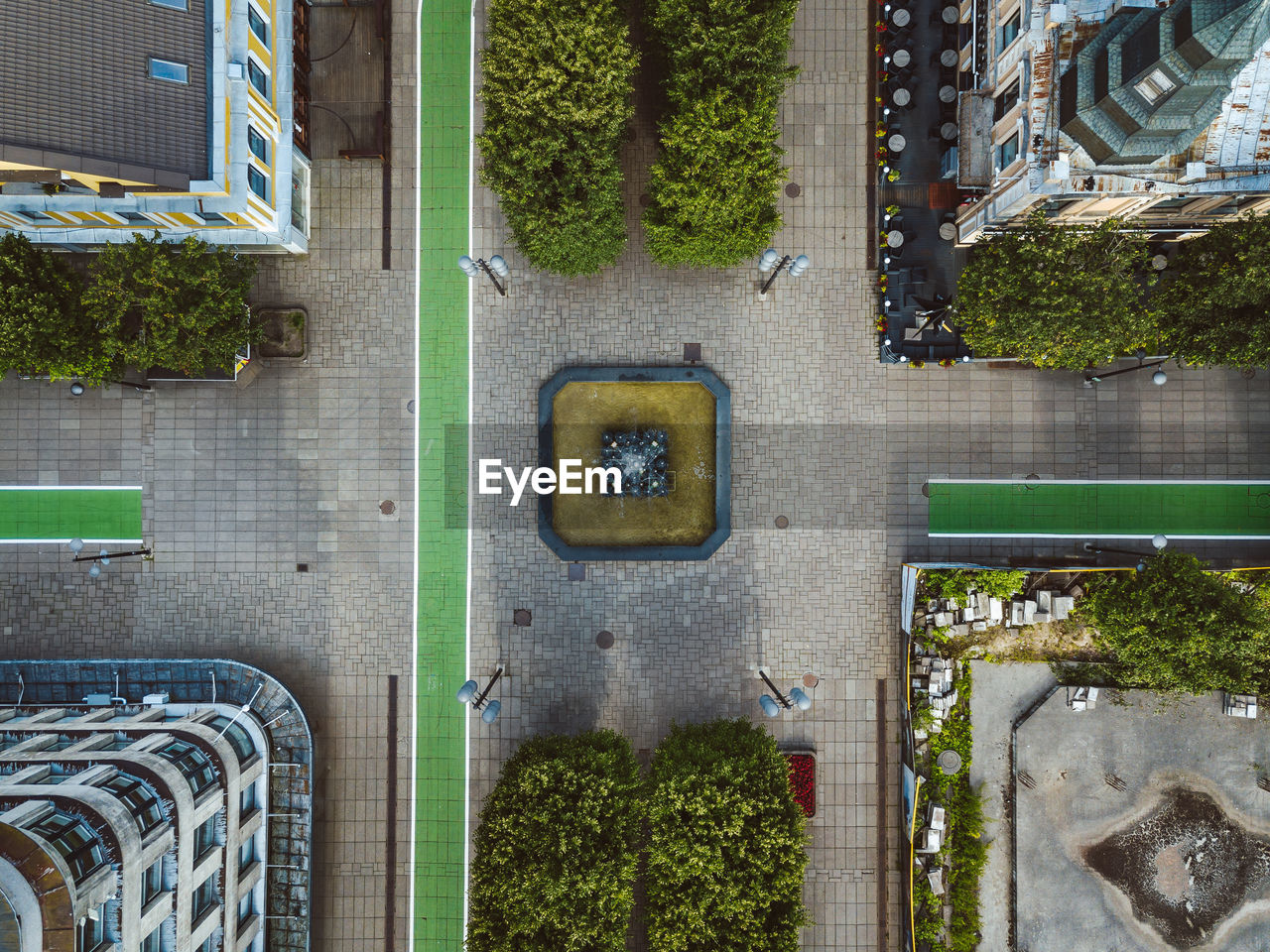 High angle view of trees and buildings in city