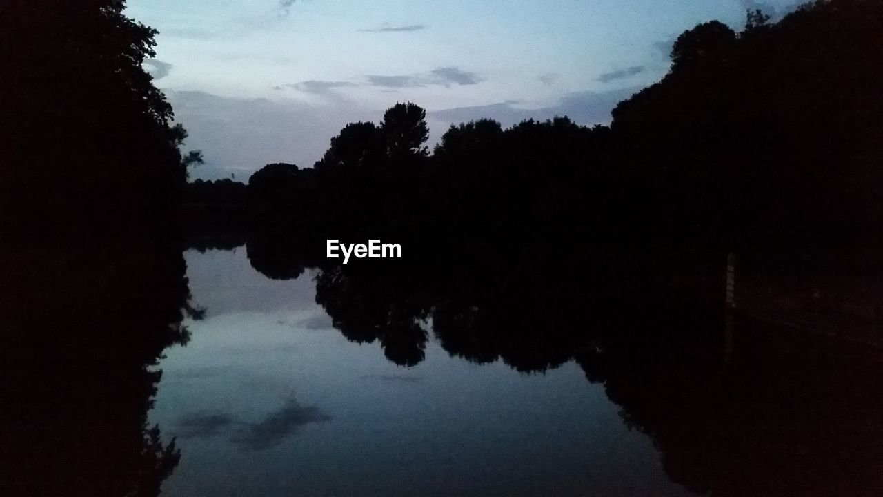 Reflection of silhouette plants in lake