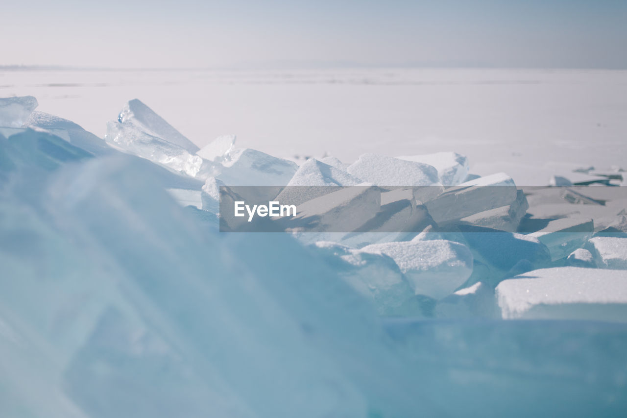 Close-up of frozen sea against sky