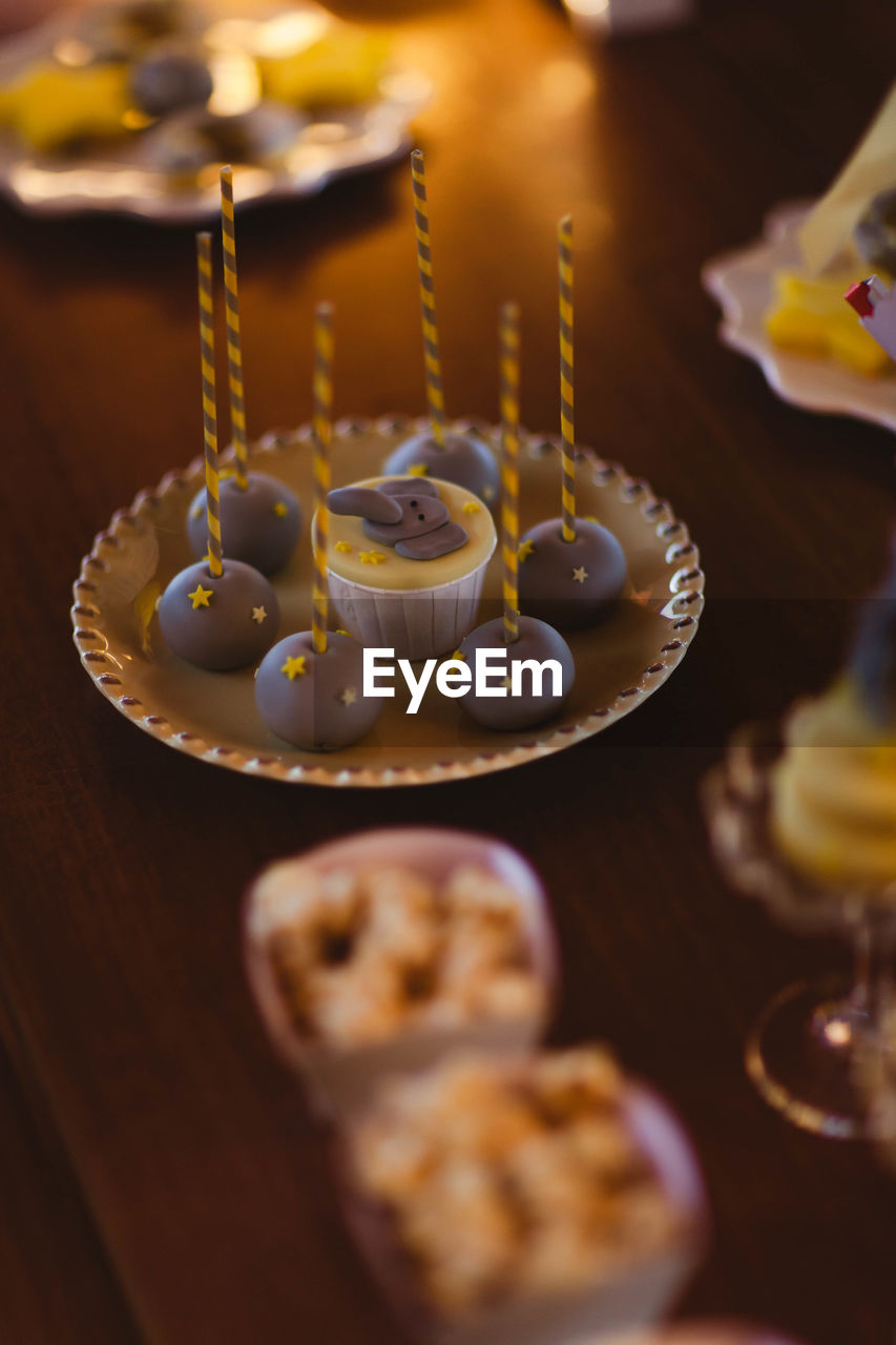 High angle view of dessert in plate on table