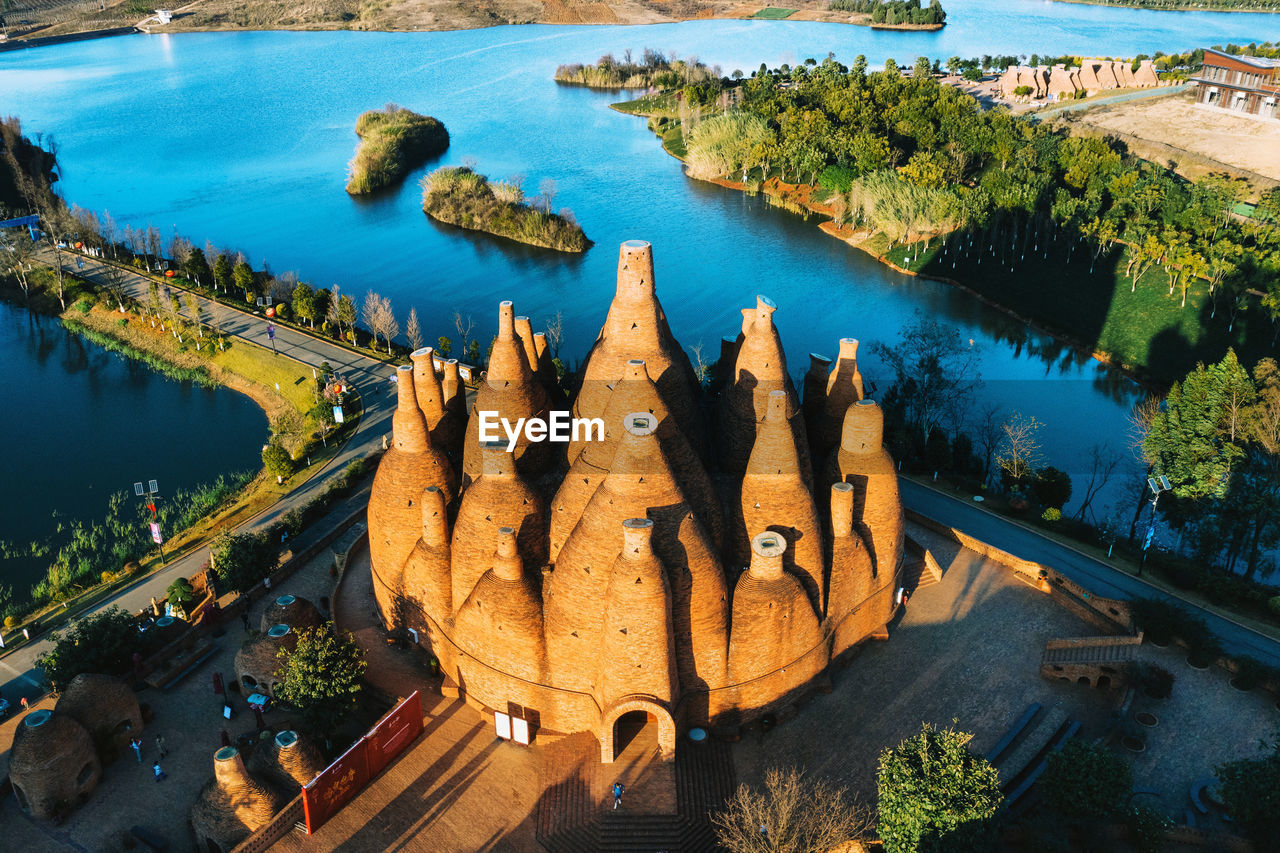 High angle view of boats in lake