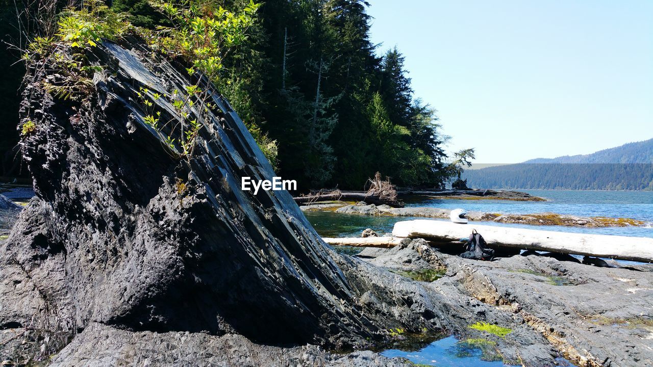 Surface level of calm beach against clear sky