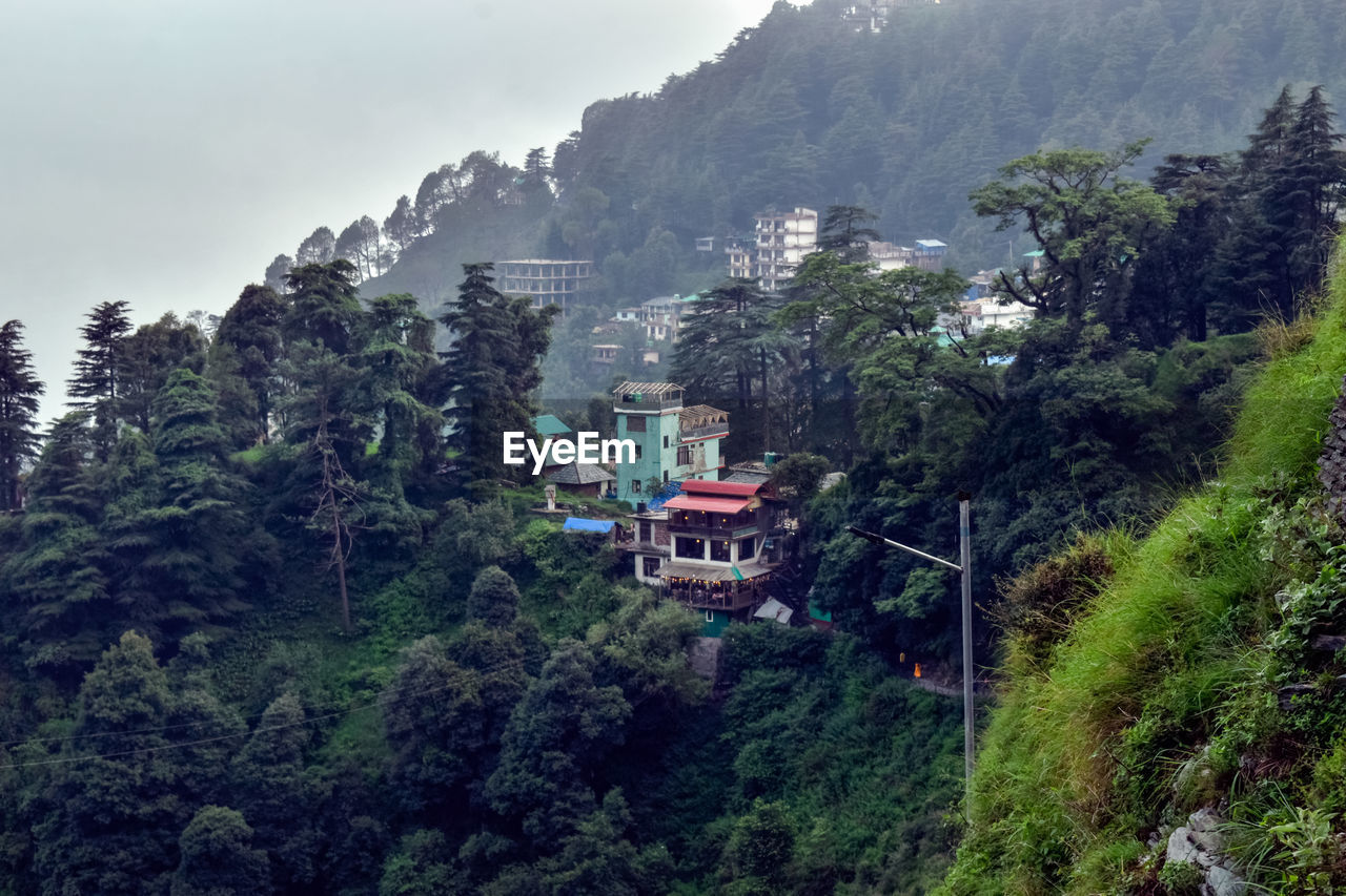 High angle view of trees and mountains against sky