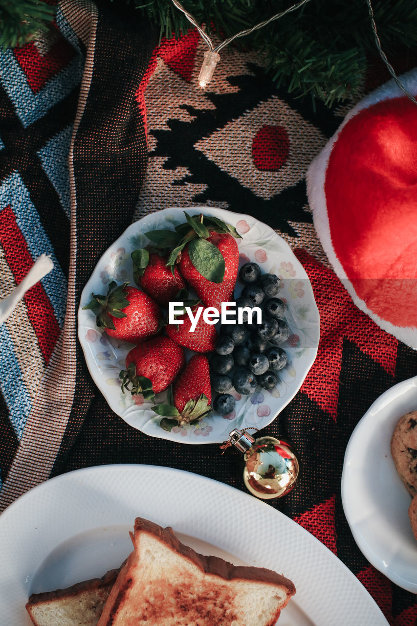 high angle view of food served on table