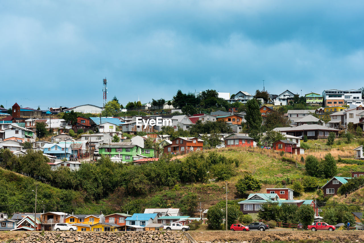Cityscape of a residential neighborhood in castro, the mayor city at chiloe island in chile.