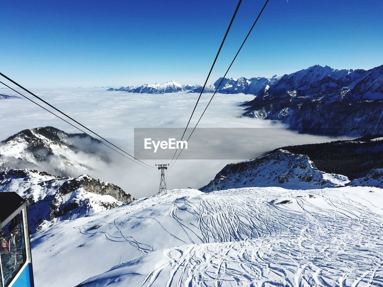 Scenic view of snow covered mountains against cloudy sky