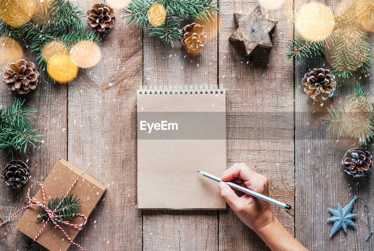 Christmas background with fir tree branches, pine cones, and hand writing in notepad