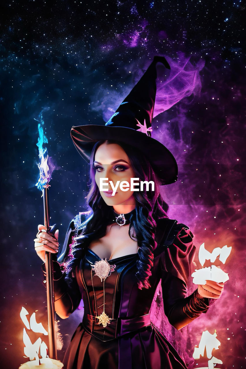 women, one person, adult, night, clothing, cartoon, celebration, young adult, portrait, fashion, arts culture and entertainment, witch, female, fantasy, star, event, warrior, looking at camera, beauty in nature, hat, person, dark, screenshot, costume, black, make-up, nature, halloween, dress, space, sky