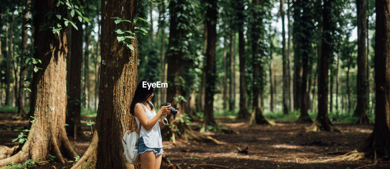 Woman photographing in forest