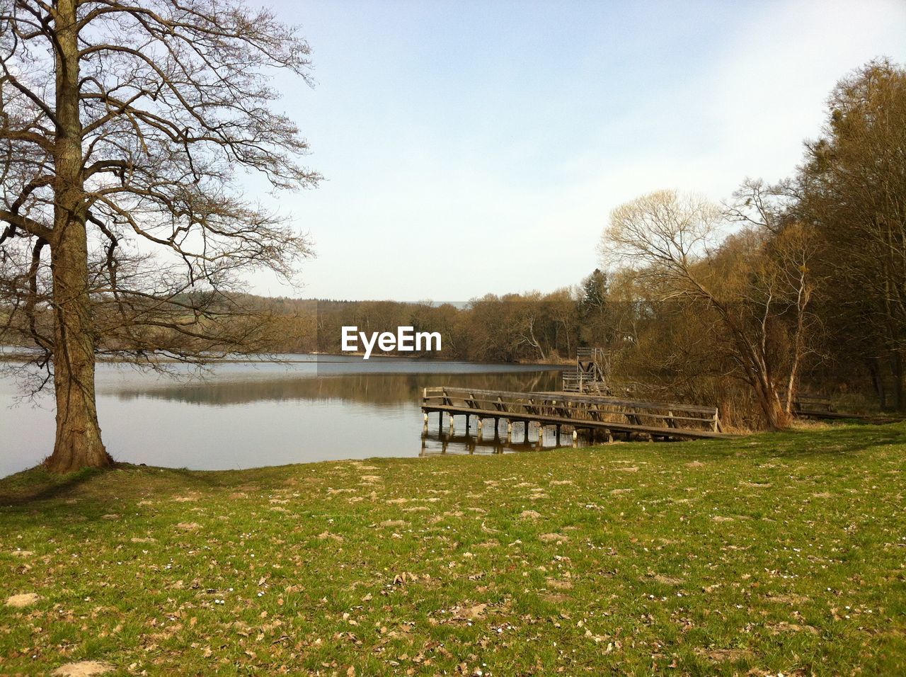 Pier in front of grassy field on river against clear sky