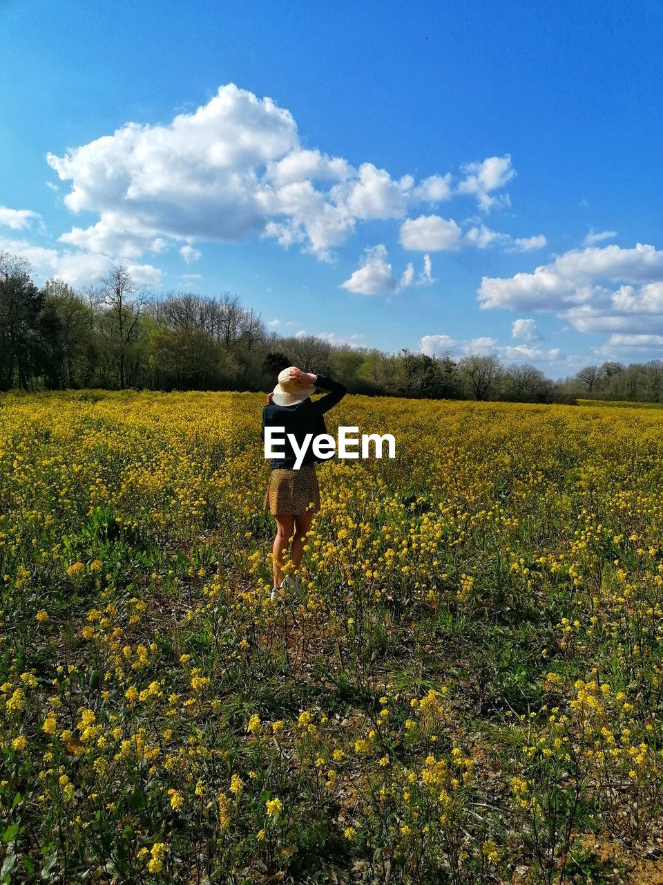 Rear view of woman standing on field against sky