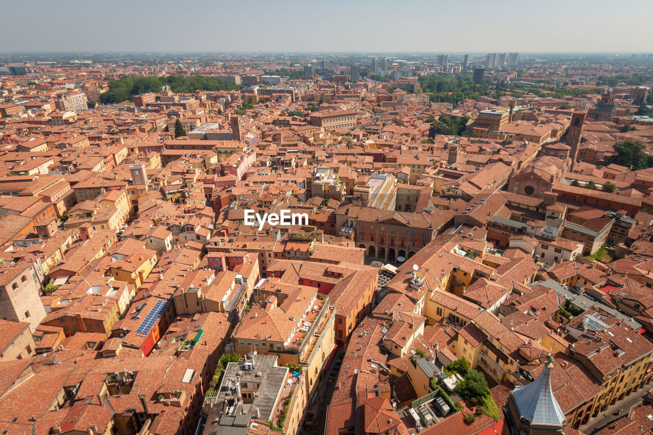 Aerial cityscape of bologna, italy with a view from the top of asinelli tower 
