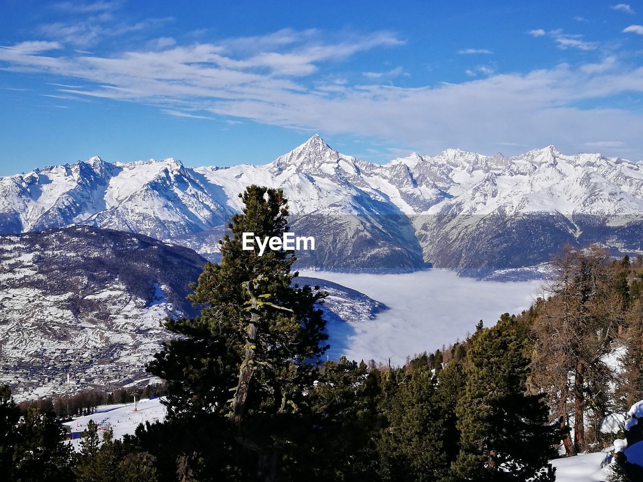 Scenic view of snowcapped mountains against sky