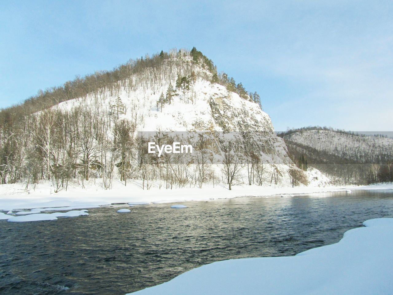 Scenic view of lake by snowcapped mountain against sky