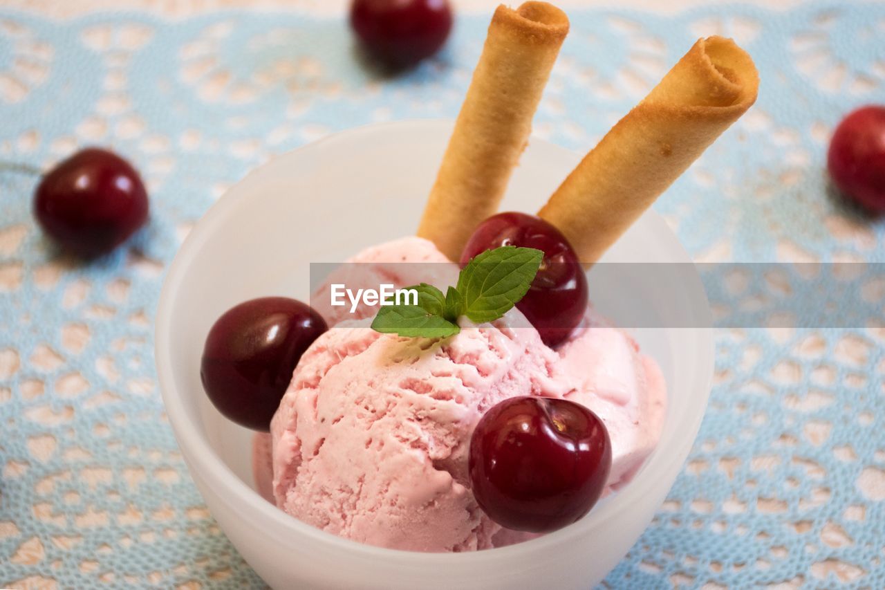 Close-up of ice cream in bowl on table