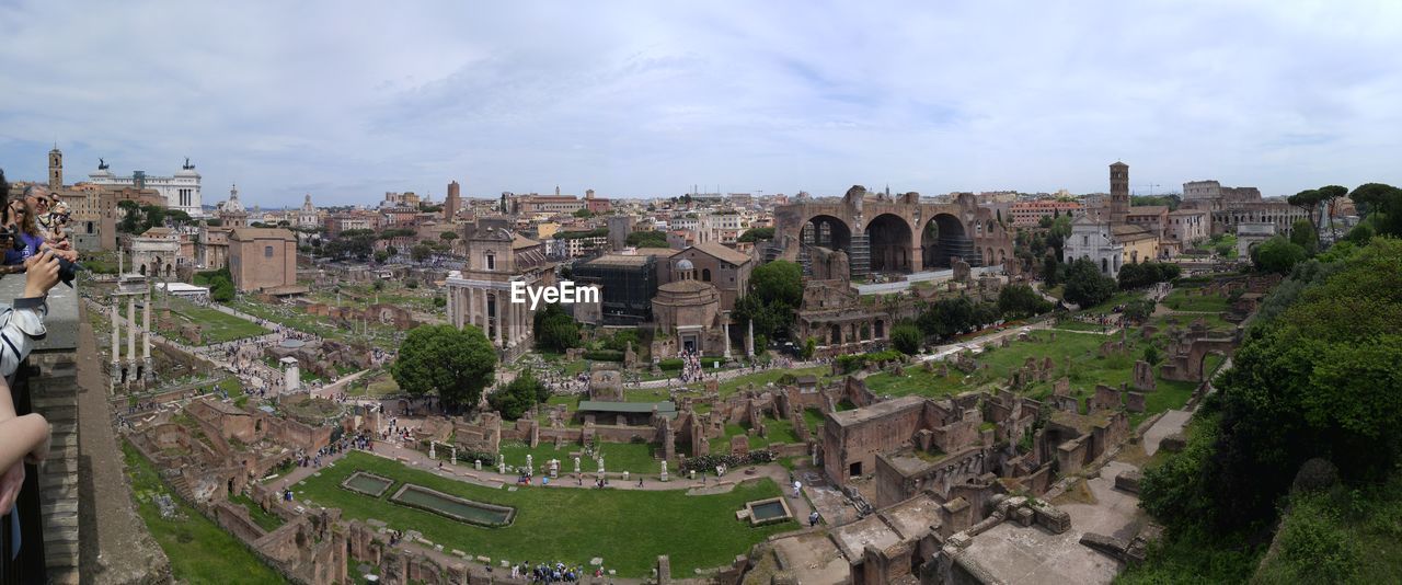 High angle view of roman forum against sky