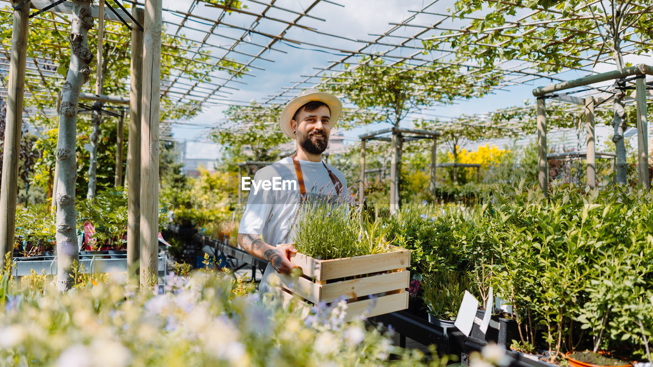 Gardener holding a box of plants. e-commerce, online order concept.