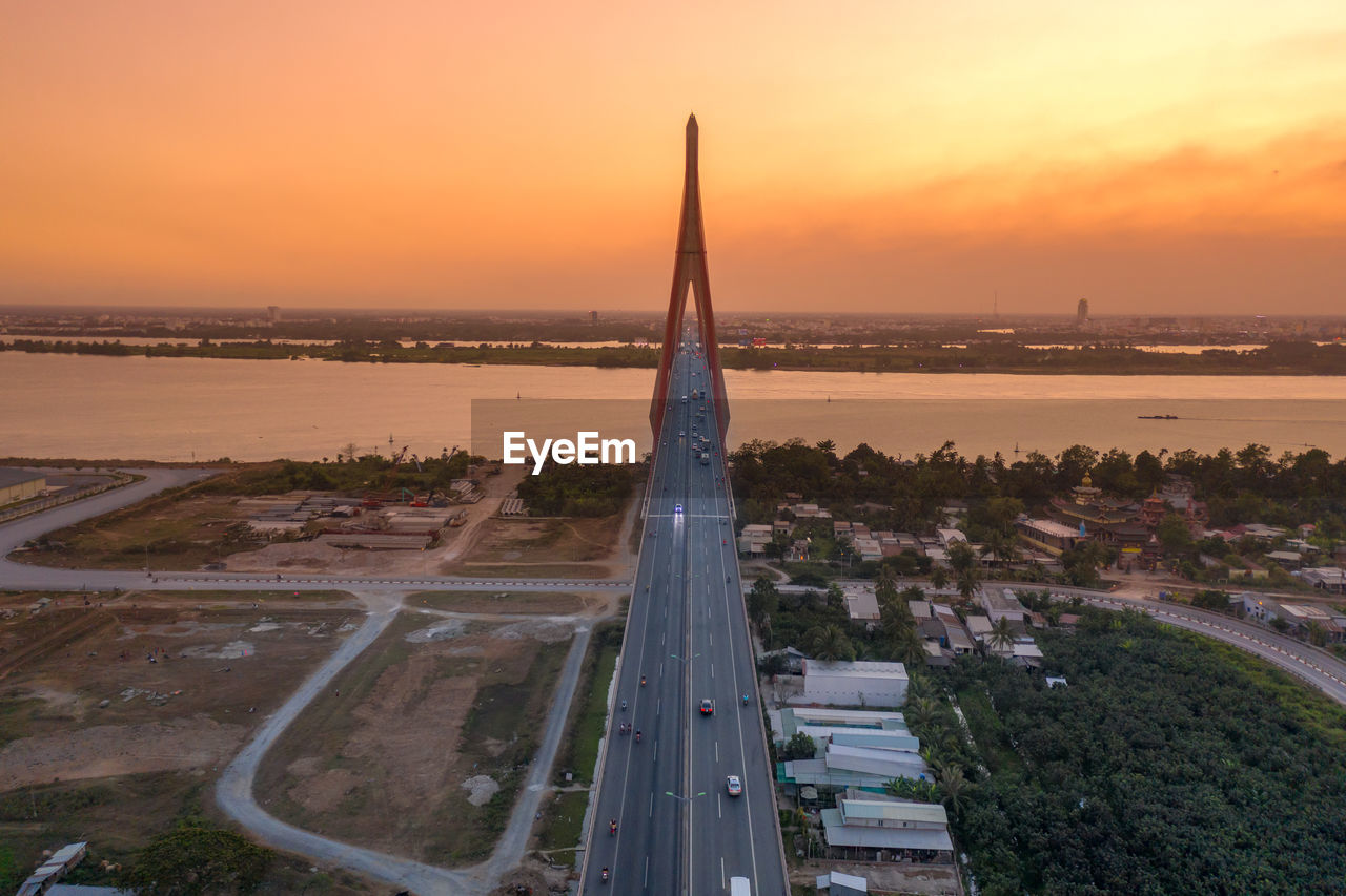 High angle view of city buildings during sunset