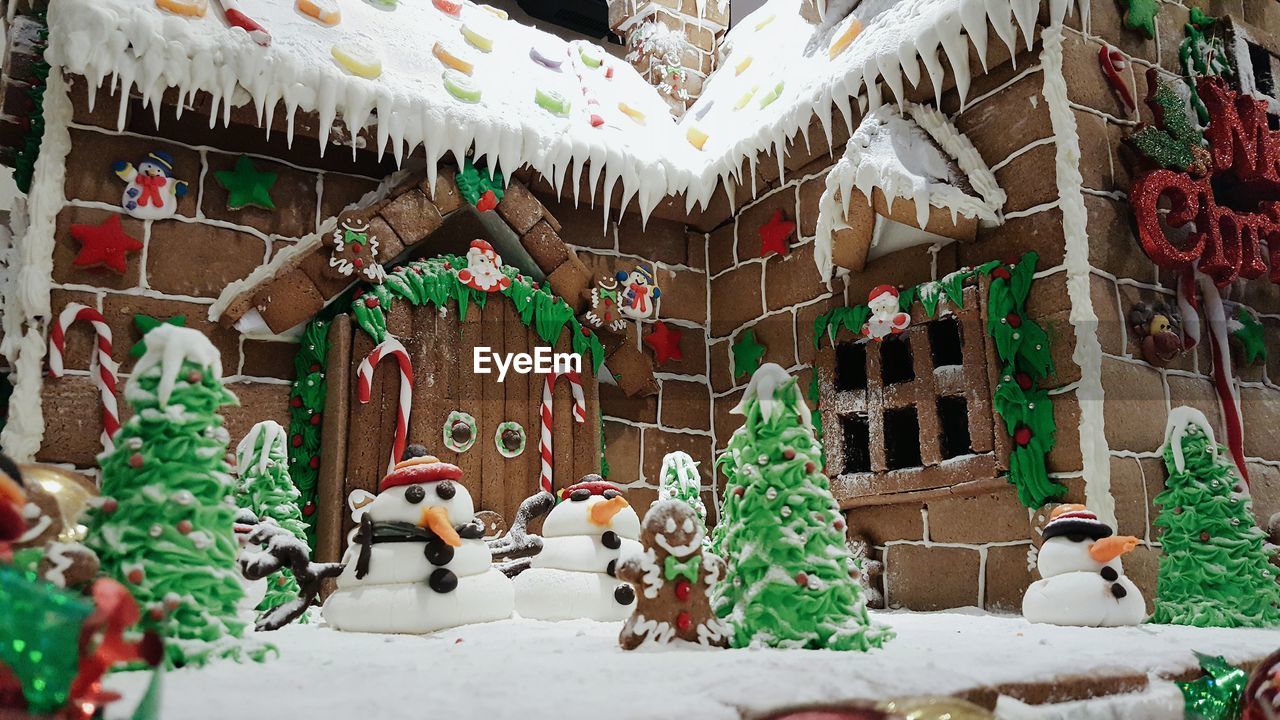 Low angle view of decorated gingerbread house during christmas
