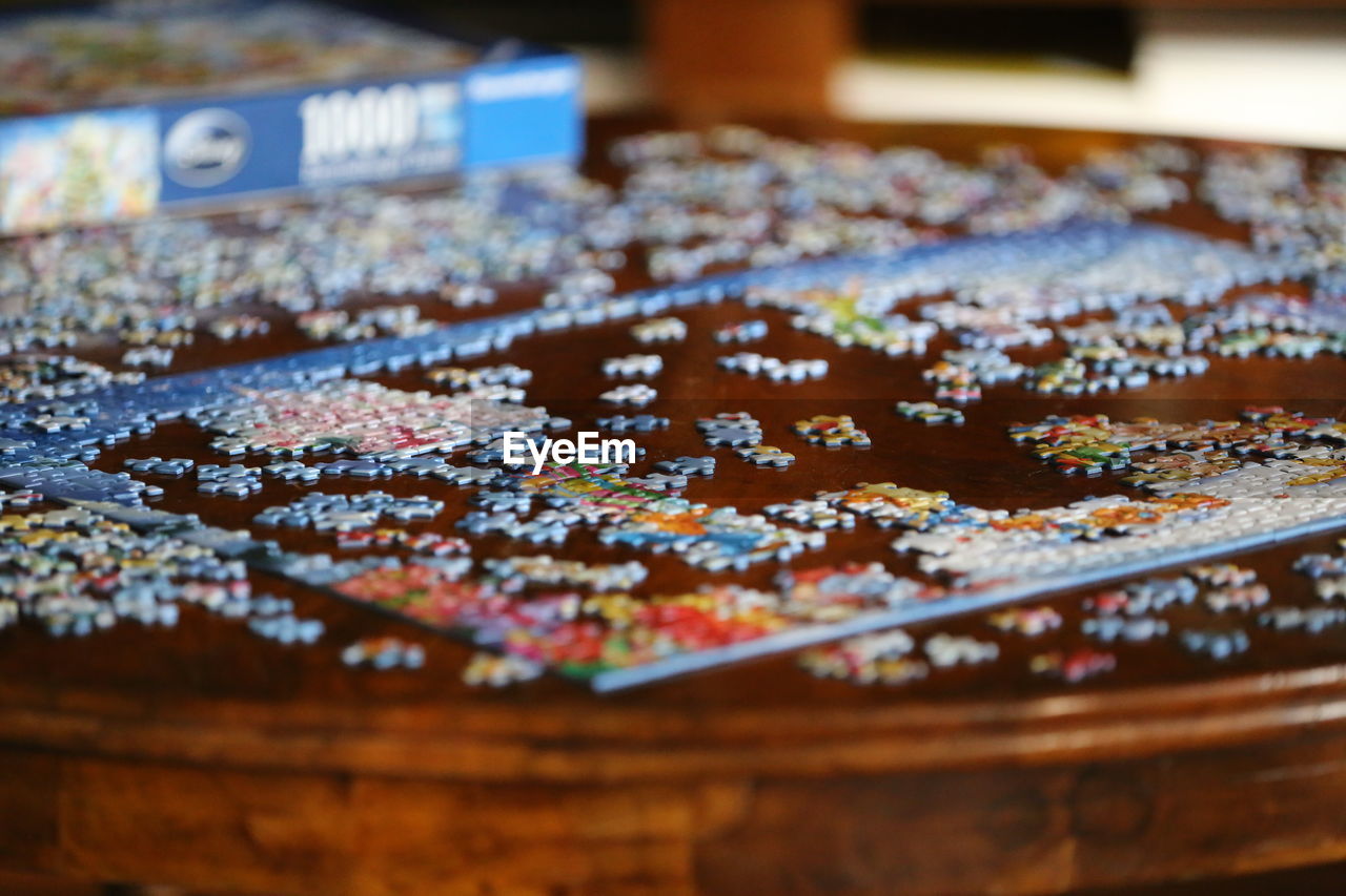 Close-up of jigsaw puzzle on a table