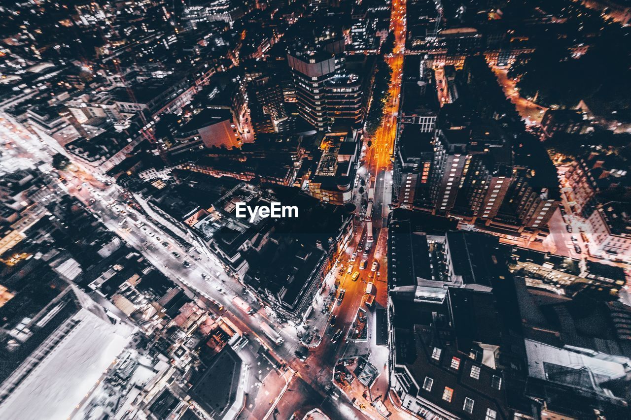 Aerial view of city streets at night