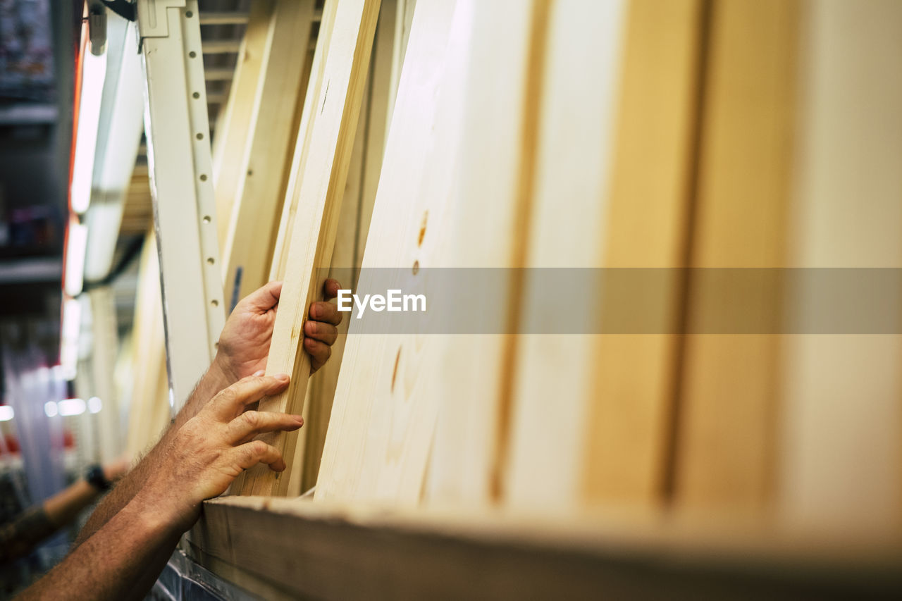 Cropped hands of carpenter holding wood in carpentry workshop