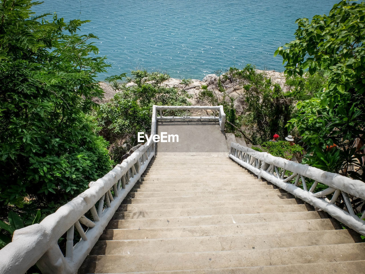 High angle view of steps by sea