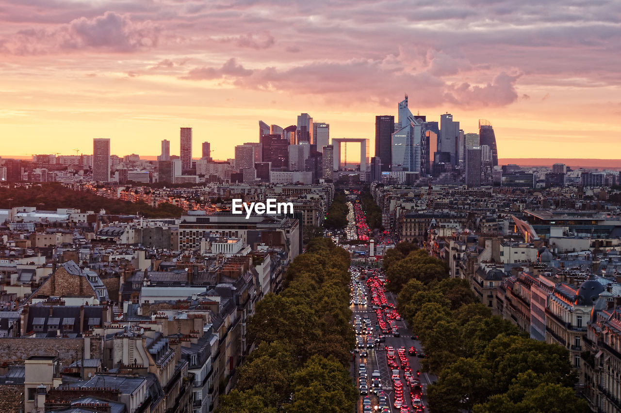 High angle view of cityscape during sunset