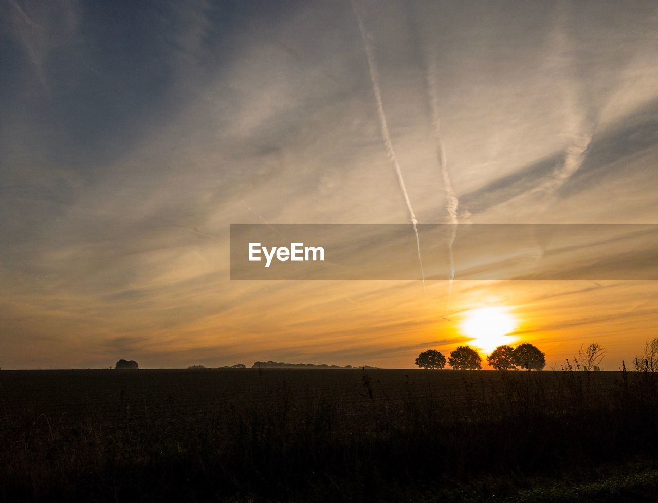 SCENIC VIEW OF SILHOUETTE FIELD AGAINST ORANGE SKY