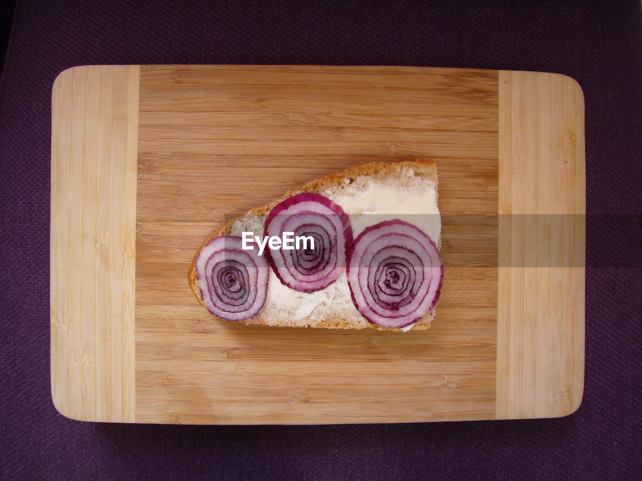 Directly above shot of sliced onion on bread