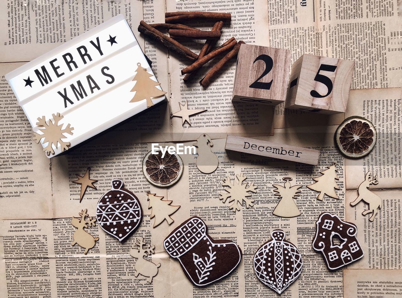 Directly above shot of christmas decorations on table