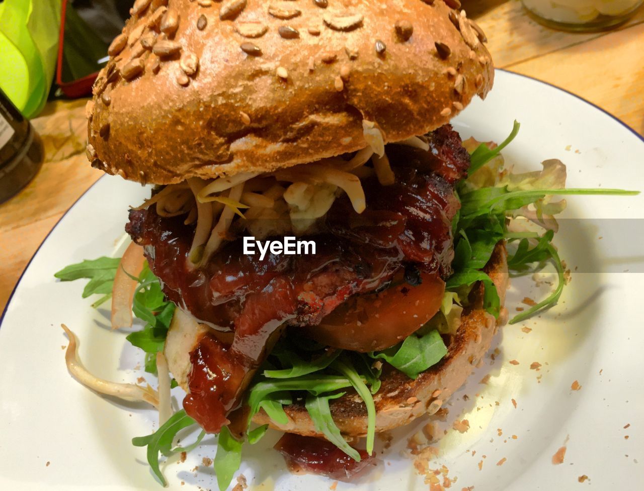 Close-up of hamburger on plate