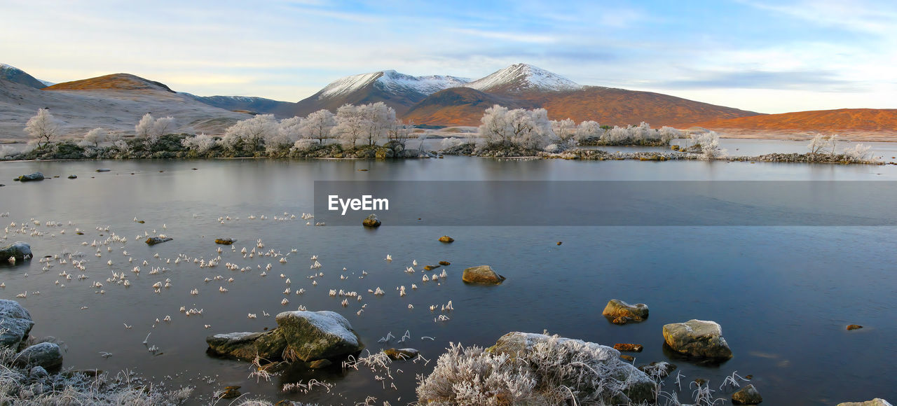 SCENIC VIEW OF LAKE BY MOUNTAIN AGAINST SKY