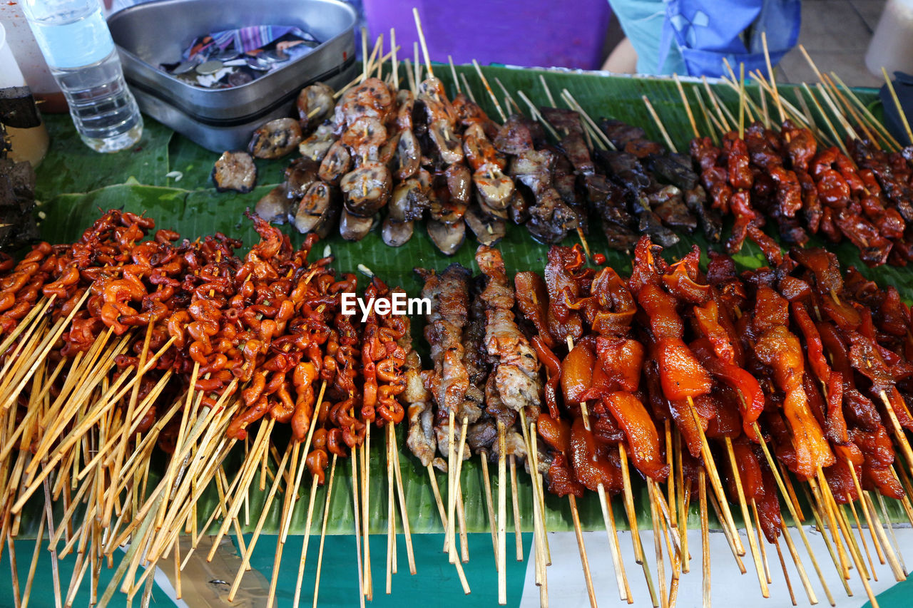 Photo of assorted chicken and pork innards sold at a street food stall