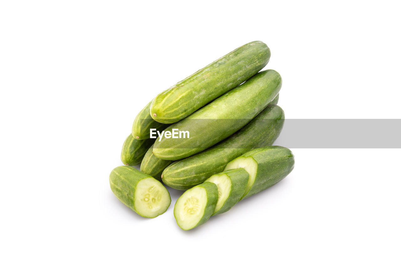 food and drink, food, healthy eating, cucumber, cut out, wellbeing, vegetable, produce, freshness, studio shot, green, white background, plant, zucchini, indoors, no people, raw food, fruit, organic, copy space, still life, group of objects, close-up