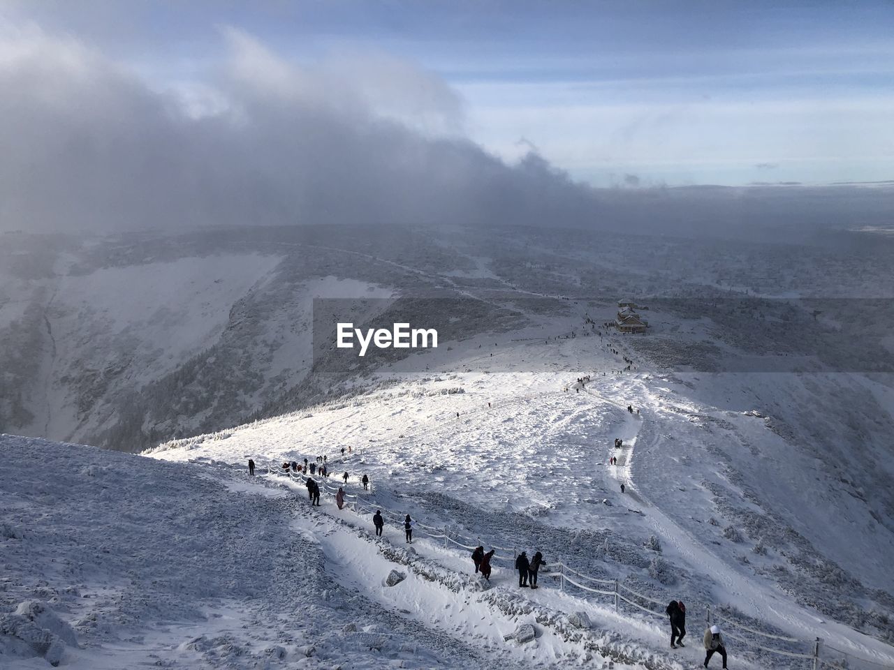 High angle view of people on snow covered land against sky