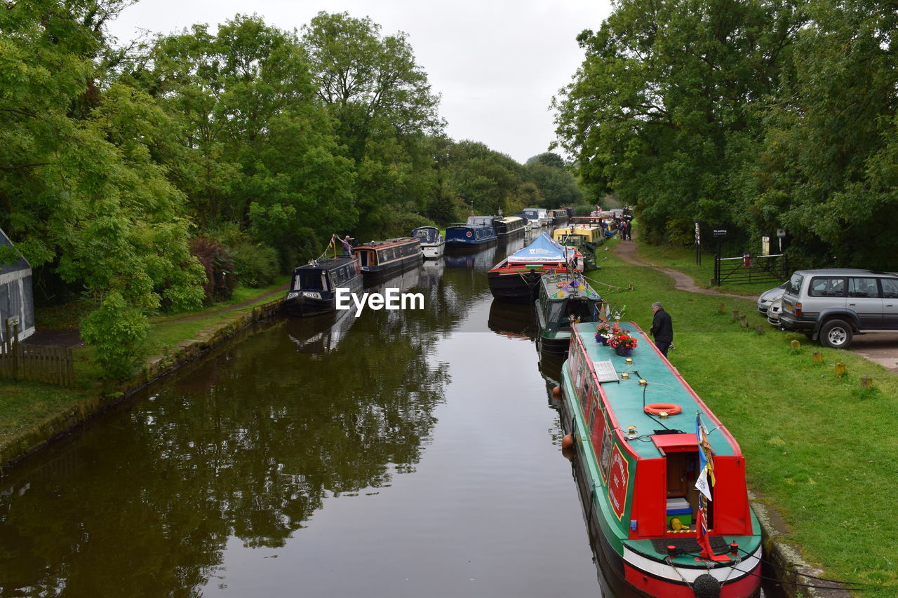 BOATS MOORED IN LAKE AGAINST SKY