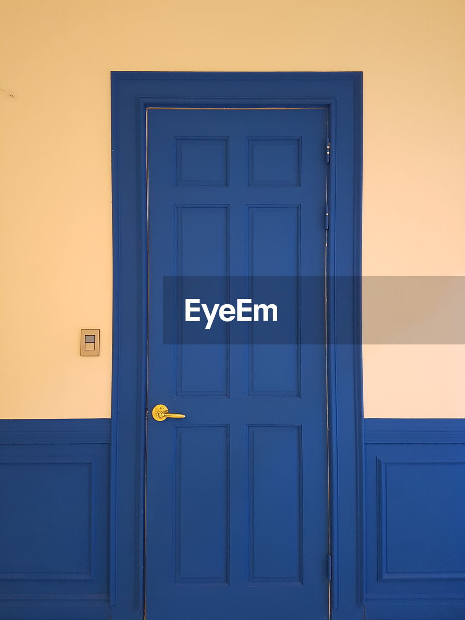 Closed blue door of building