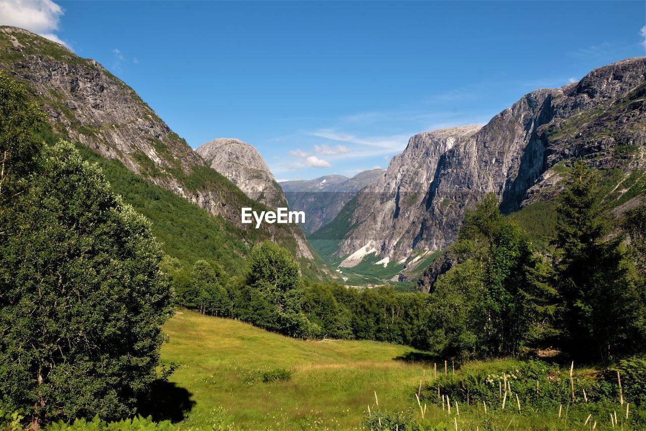 Scenic view of landscape and mountains against sky