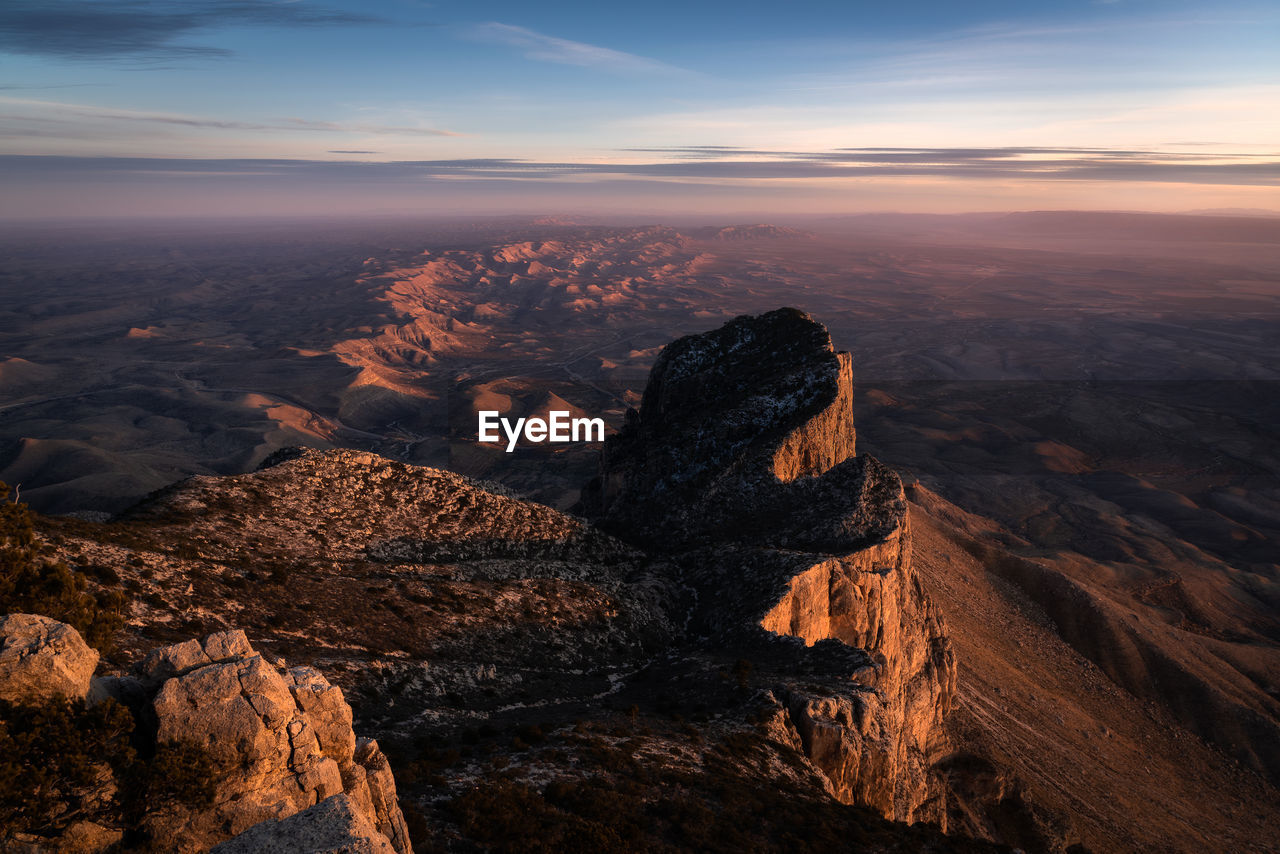 Scenic view of el capitan against sky during sunset in guadalupe mountain national park - texas